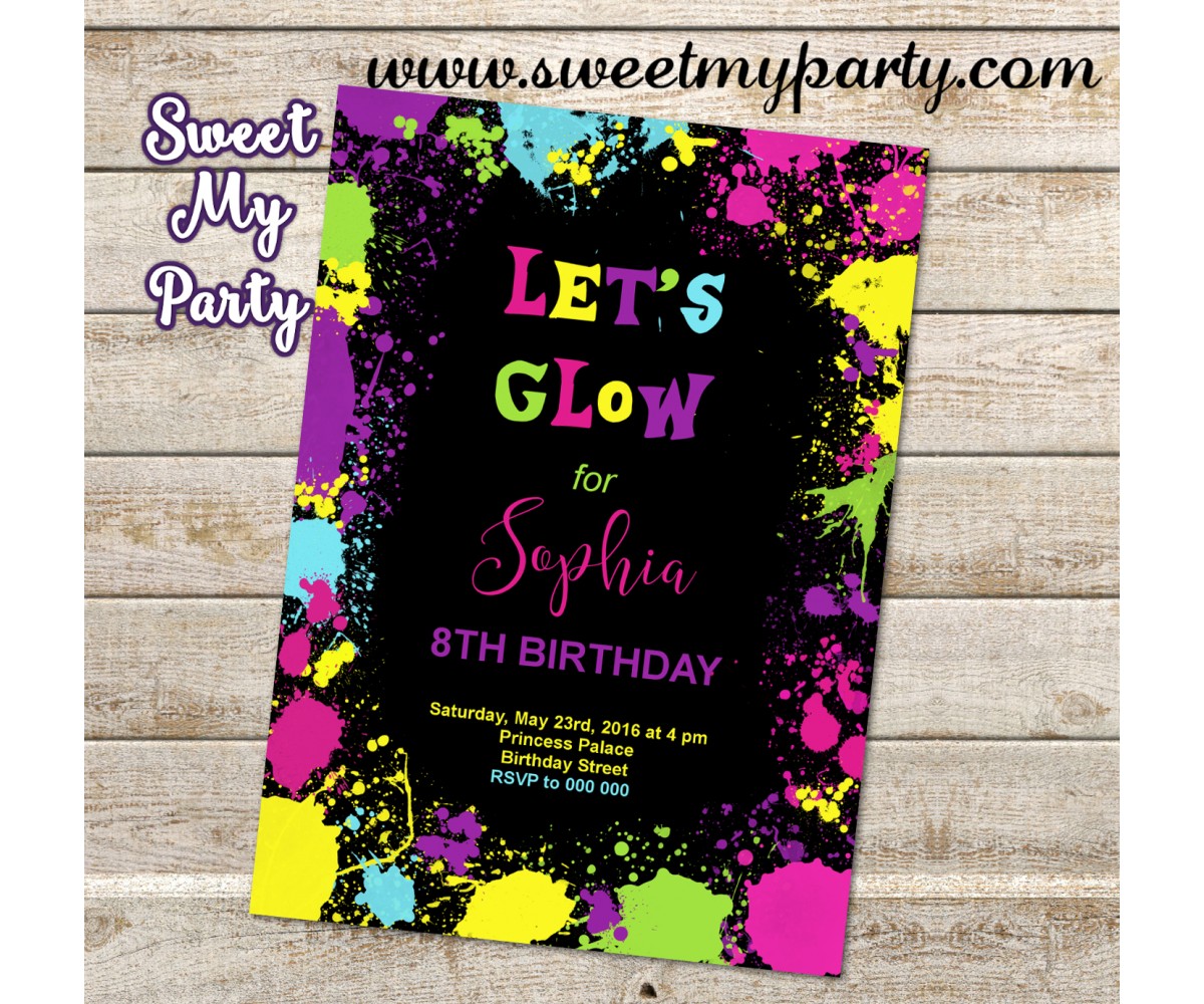 Let's Glow Birthday Party Invitation,(1kr)